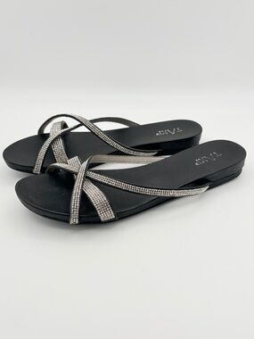 Taxi Flat Slide Sandals Rhinestone Criss-cross Straps Rose-01 Black Size 40